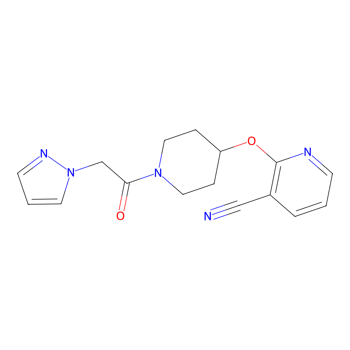 2-((1-(2-(1H-pyrazol-1-yl)acetyl)piperidin-4-yl)oxy)nicotinonitrile molecular structure, CAS 1797597-02-4