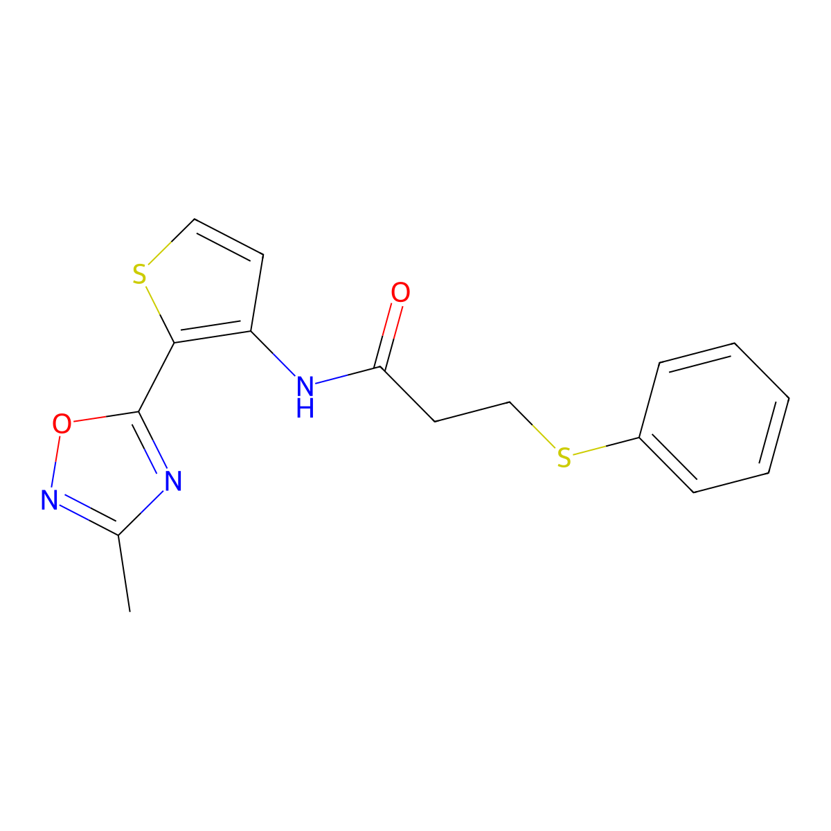 N-(2-(3-methyl-1,2,4-oxadiazol-5-yl)thiophen-3-yl)-3-(phenylthio)propanamide molecular structure, CAS 1797597-73-9
