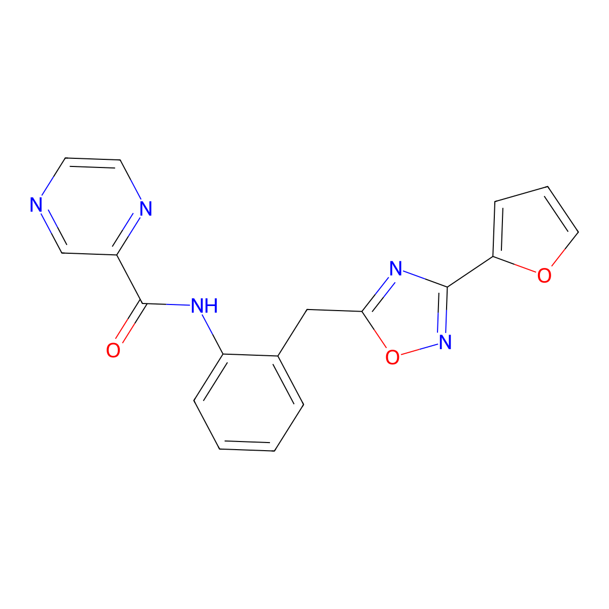 N-(2-((3-(furan-2-yl)-1,2,4-oxadiazol-5-yl)methyl)phenyl)pyrazine-2-carboxamide molecular structure, CAS 1797598-39-0