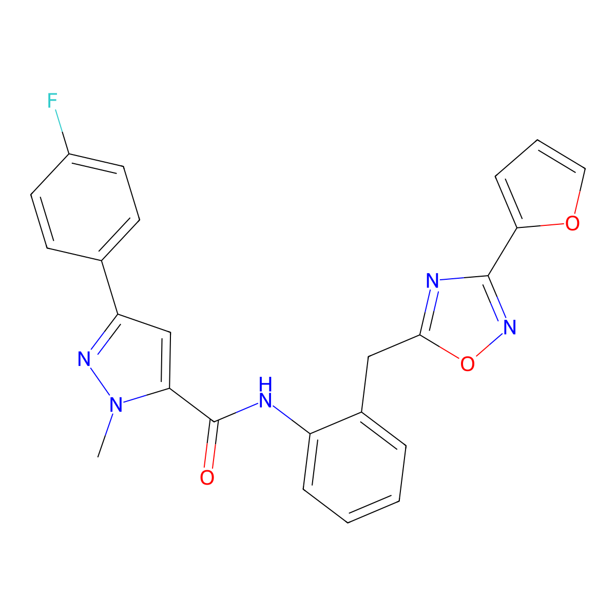 3-(4-fluorophenyl)-N-(2-((3-(furan-2-yl)-1,2,4-oxadiazol-5-yl)methyl)phenyl)-1-methyl-1H-pyrazole-5-carboxamide molecular structure, CAS 1797598-49-2