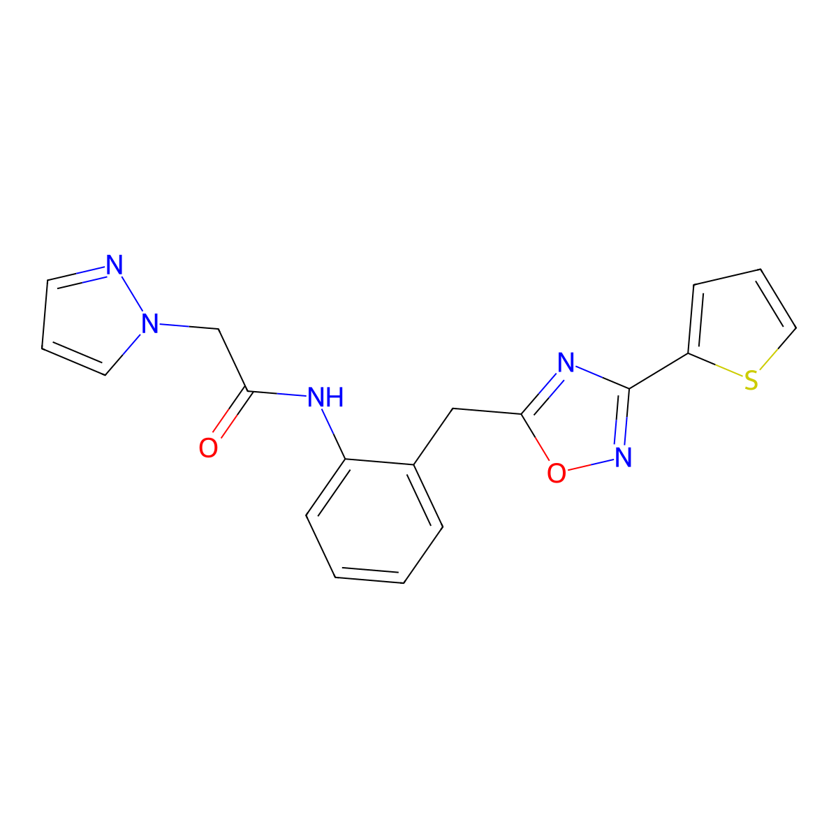 2-(1H-pyrazol-1-yl)-N-(2-{[3-(thiophen-2-yl)-1,2,4-oxadiazol-5-yl]methyl}phenyl)acetamide molecular structure, CAS 1797598-63-0