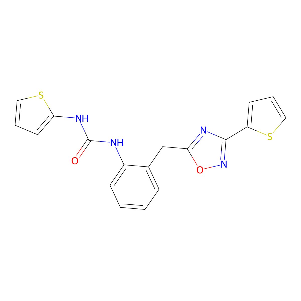 1-(Thiophen-2-yl)-3-(2-((3-(thiophen-2-yl)-1,2,4-oxadiazol-5-yl)methyl)phenyl)urea molecular structure, CAS 1797598-71-0