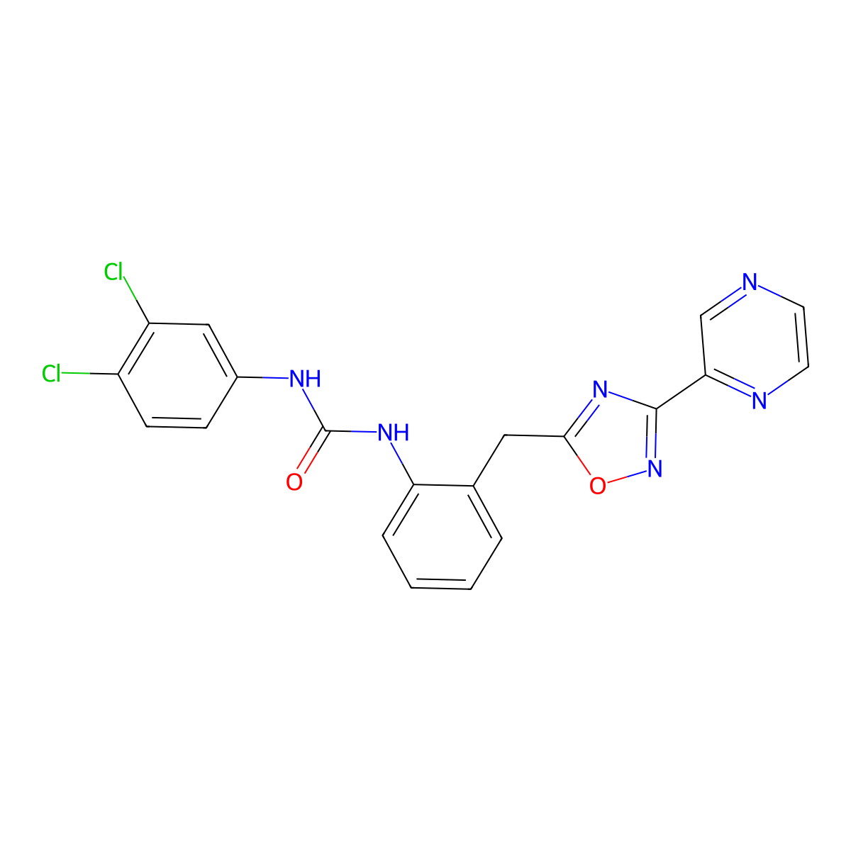 1-(3,4-Dichlorophenyl)-3-(2-((3-(pyrazin-2-yl)-1,2,4-oxadiazol-5-yl)methyl)phenyl)urea molecular structure, CAS 1797598-80-1