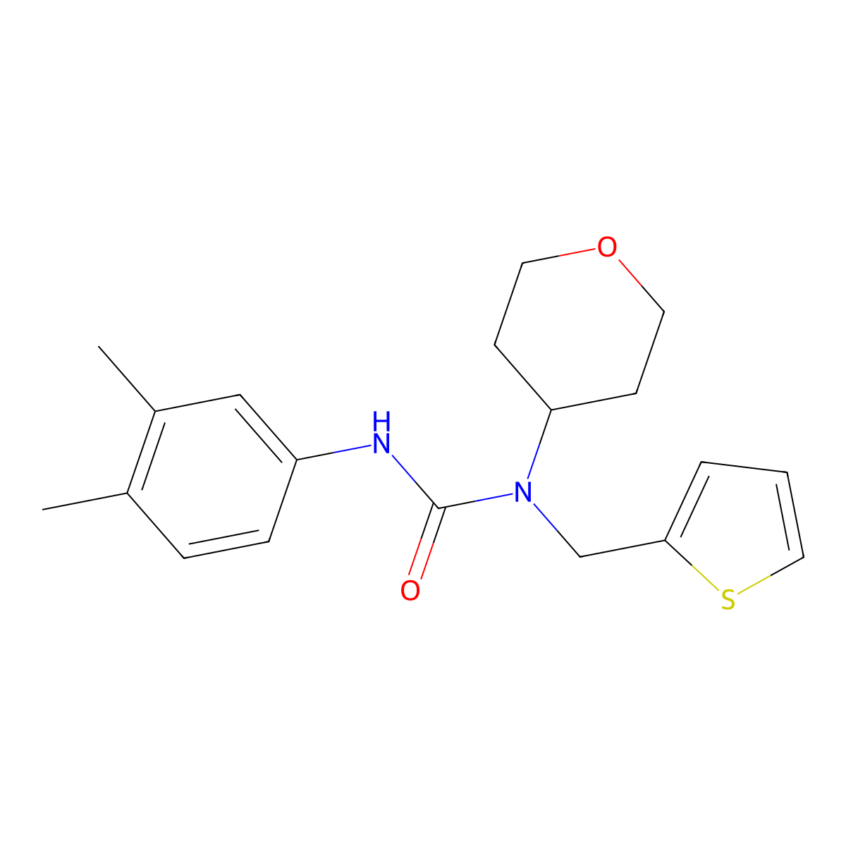 3-(3,4-dimethylphenyl)-1-(tetrahydro-2H-pyran-4-yl)-1-(thiophen-2-ylmethyl)urea molecular structure, CAS 1797599-11-1