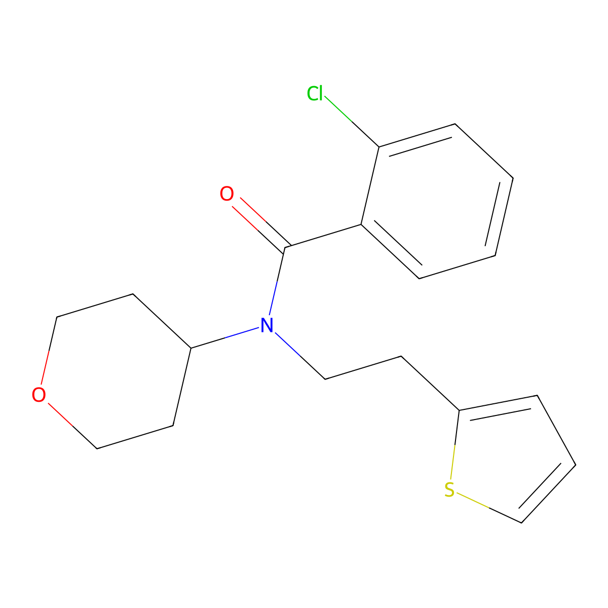 2-chloro-N-(tetrahydro-2H-pyran-4-yl)-N-(2-(thiophen-2-yl)ethyl)benzamide molecular structure, CAS 1797599-54-2