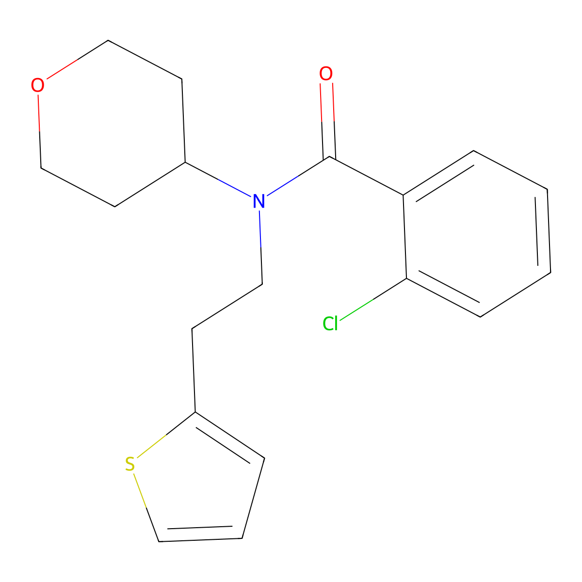 2-chloro-N-(tetrahydro-2H-pyran-4-yl)-N-(2-(thiophen-2-yl)ethyl)benzamide molecular structure, CAS 1797599-54-2
