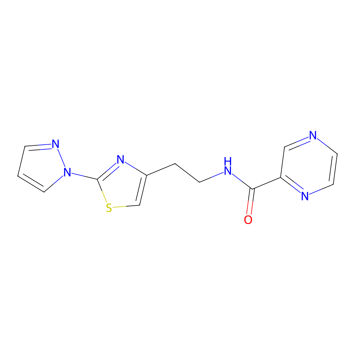 N-(2-(2-(1H-pyrazol-1-yl)thiazol-4-yl)ethyl)pyrazine-2-carboxamide molecular structure, CAS 1797599-70-2