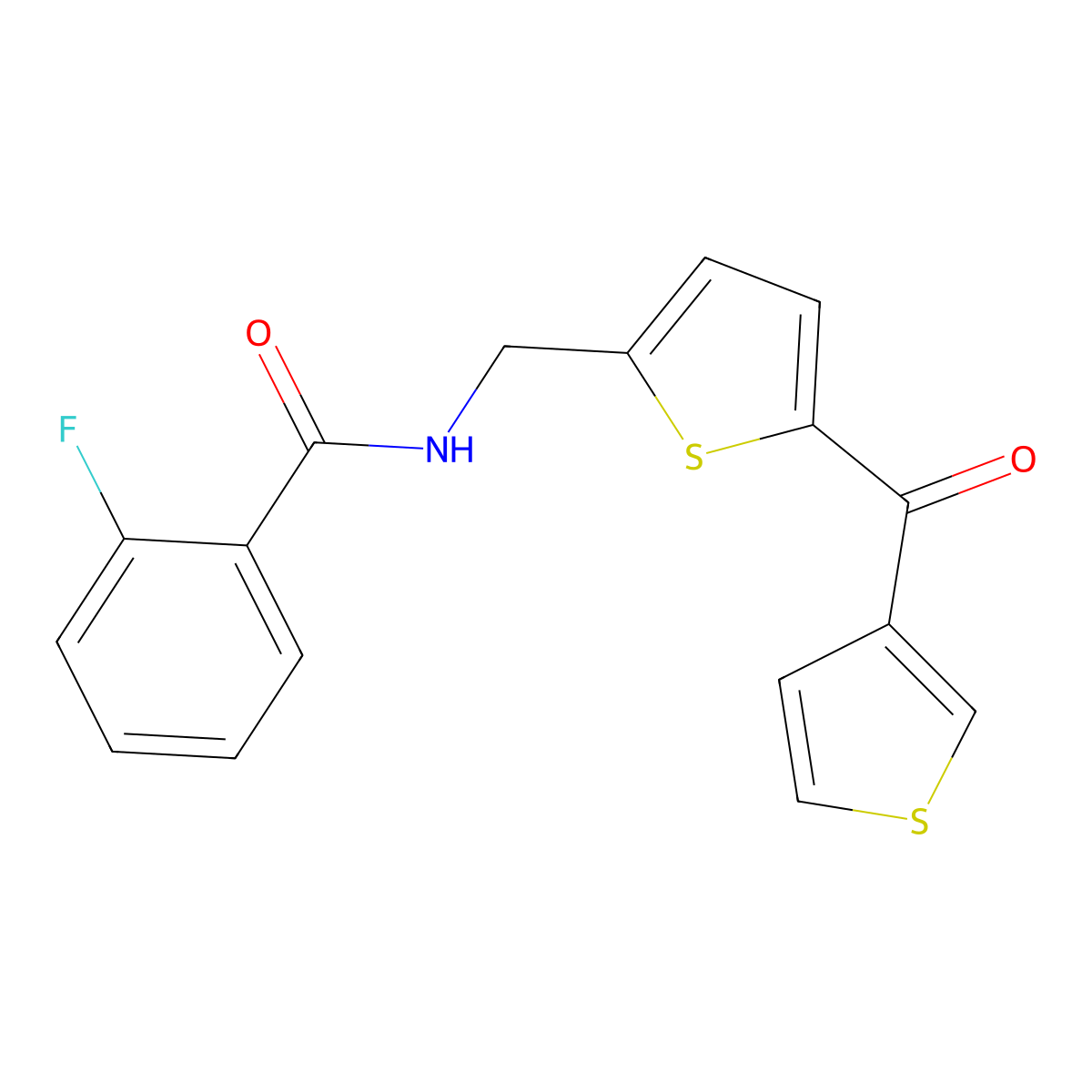 2-fluoro-N-((5-(thiophene-3-carbonyl)thiophen-2-yl)methyl)benzamide molecular structure, CAS 1797600-45-3