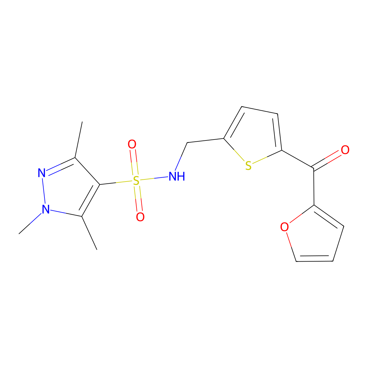 N-((5-(furan-2-carbonyl)thiophen-2-yl)methyl)-1,3,5-trimethyl-1H-pyrazole-4-sulfonamide molecular structure, CAS 1797601-11-6