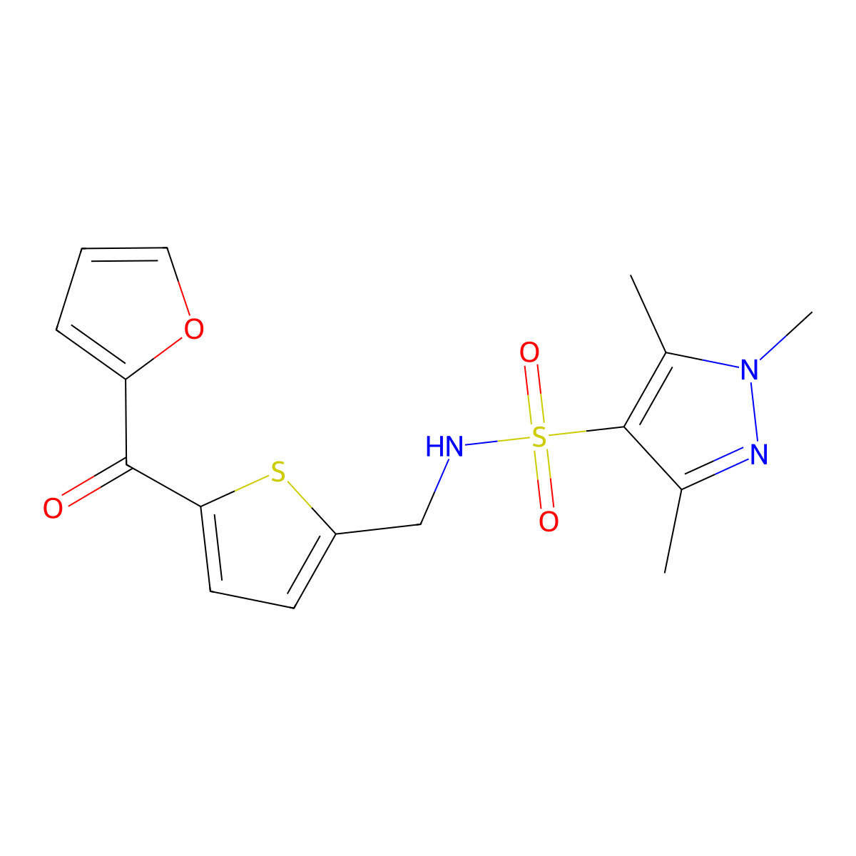 N-((5-(furan-2-carbonyl)thiophen-2-yl)methyl)-1,3,5-trimethyl-1H-pyrazole-4-sulfonamide molecular structure, CAS 1797601-11-6