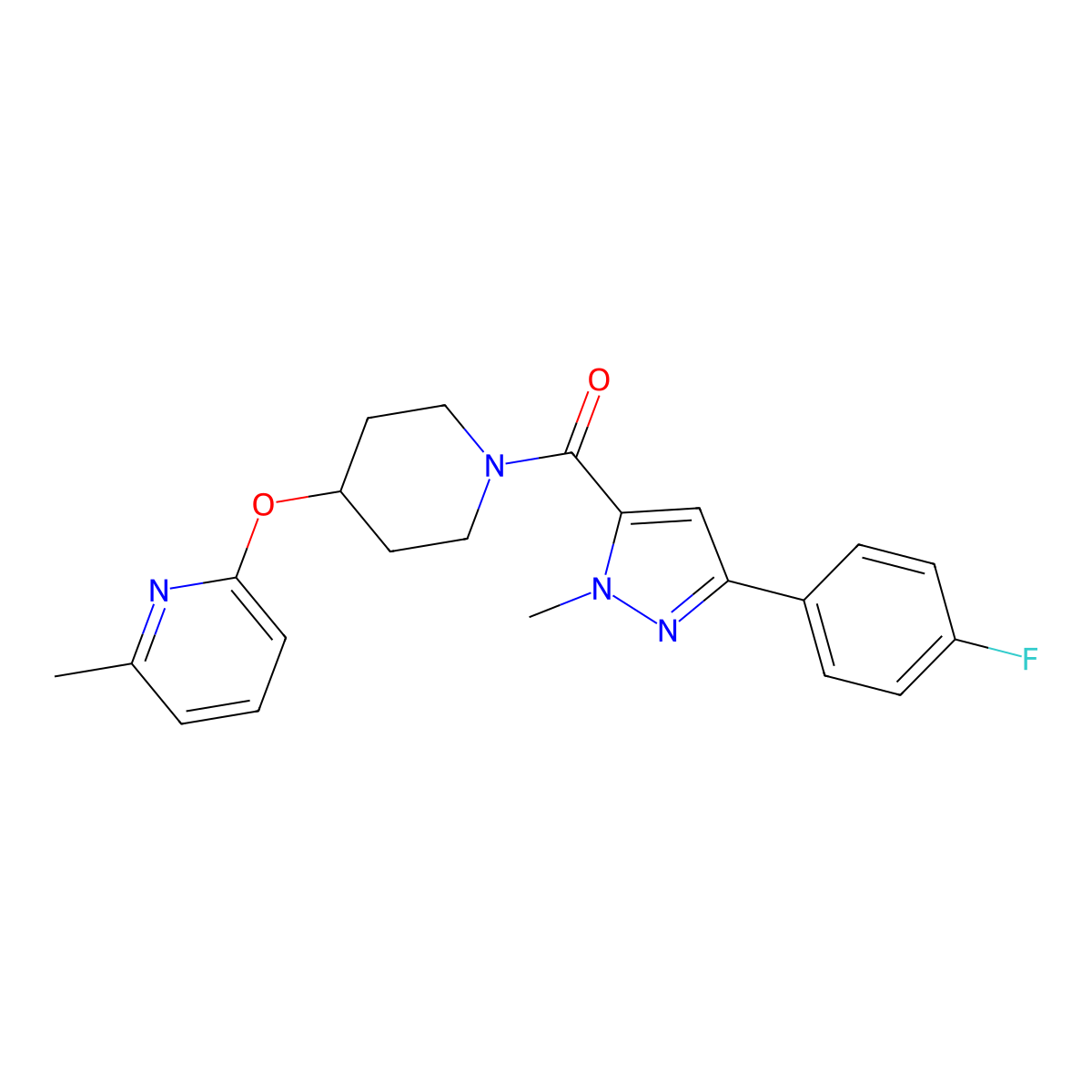 (3-(4-fluorophenyl)-1-methyl-1H-pyrazol-5-yl)(4-((6-methylpyridin-2-yl)oxy)piperidin-1-yl)methanone molecular structure, CAS 1797601-41-2