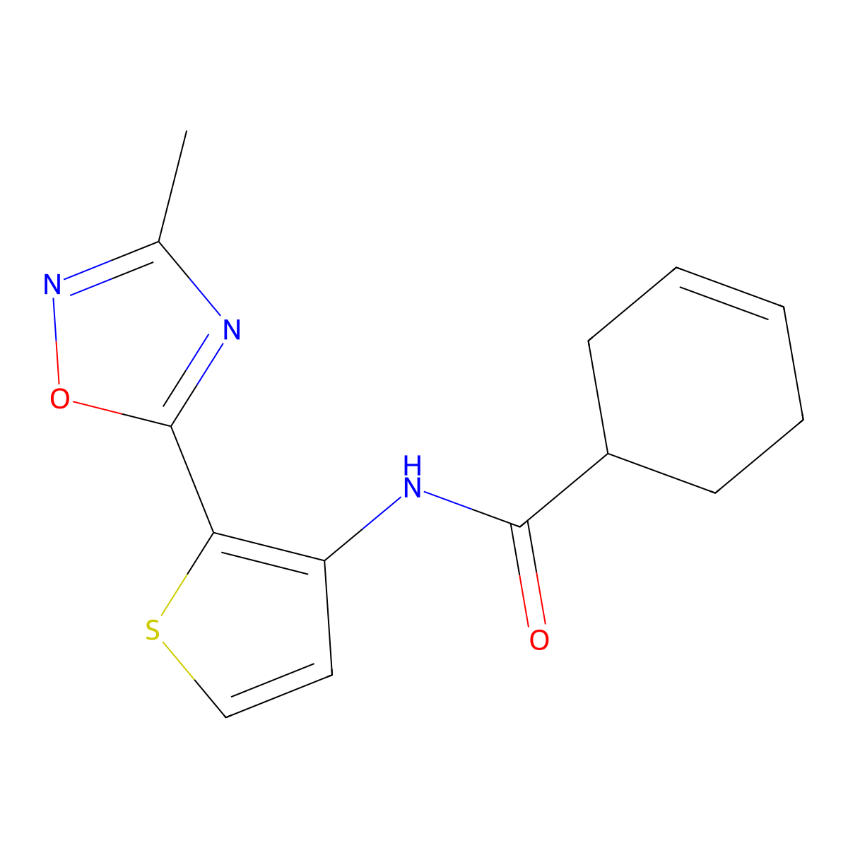 N-(2-(3-methyl-1,2,4-oxadiazol-5-yl)thiophen-3-yl)cyclohex-3-enecarboxamide molecular structure, CAS 1797602-31-3