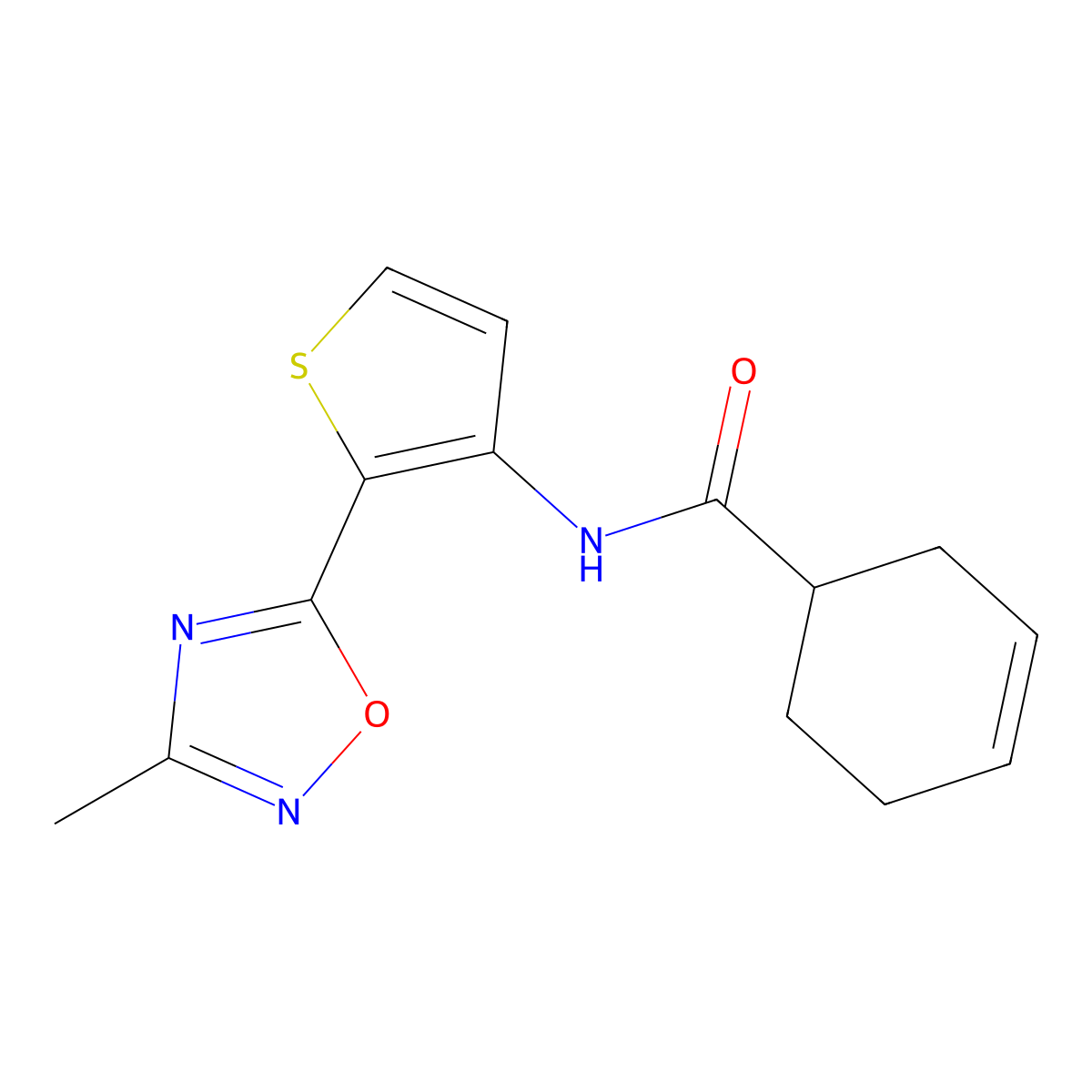 N-(2-(3-methyl-1,2,4-oxadiazol-5-yl)thiophen-3-yl)cyclohex-3-enecarboxamide molecular structure, CAS 1797602-31-3