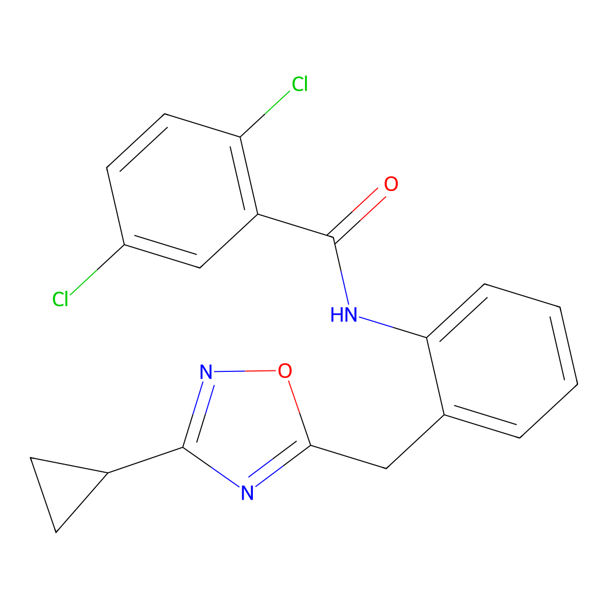 2,5-dichloro-N-{2-[(3-cyclopropyl-1,2,4-oxadiazol-5-yl)methyl]phenyl}benzamide molecular structure, CAS 1797602-33-5