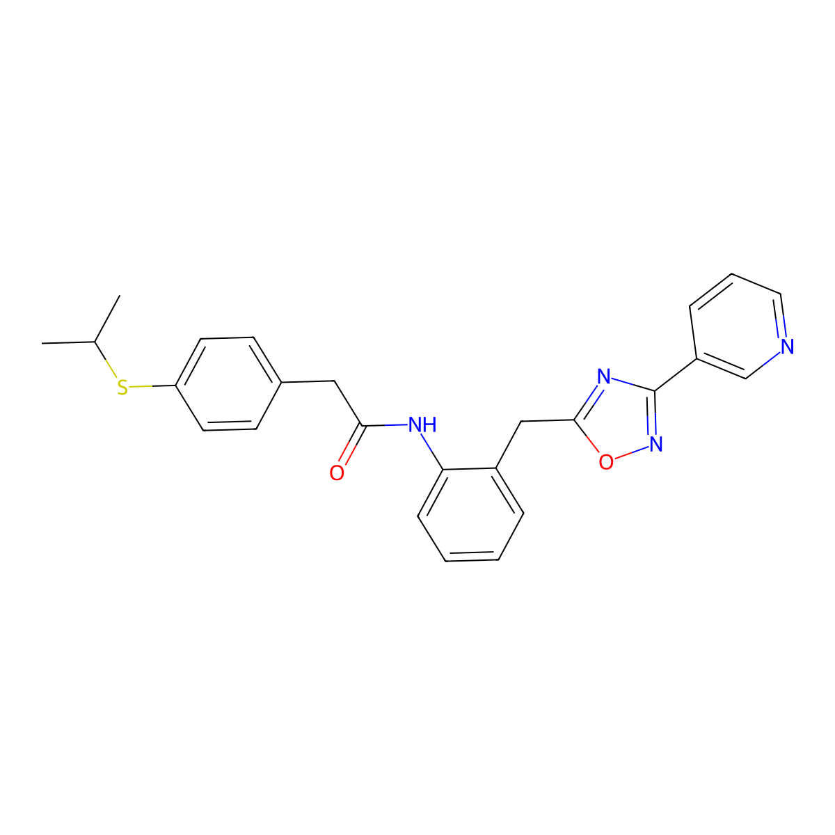 2-(4-(isopropylthio)phenyl)-N-(2-((3-(pyridin-3-yl)-1,2,4-oxadiazol-5-yl)methyl)phenyl)acetamide molecular structure, CAS 1797602-58-4