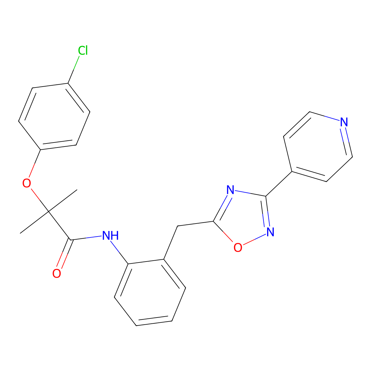 2-(4-chlorophenoxy)-2-methyl-N-(2-((3-(pyridin-4-yl)-1,2,4-oxadiazol-5-yl)methyl)phenyl)propanamide molecular structure, CAS 1797602-81-3