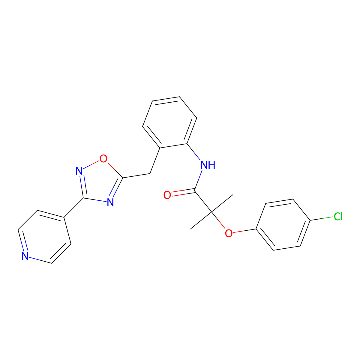 2-(4-chlorophenoxy)-2-methyl-N-(2-((3-(pyridin-4-yl)-1,2,4-oxadiazol-5-yl)methyl)phenyl)propanamide molecular structure, CAS 1797602-81-3