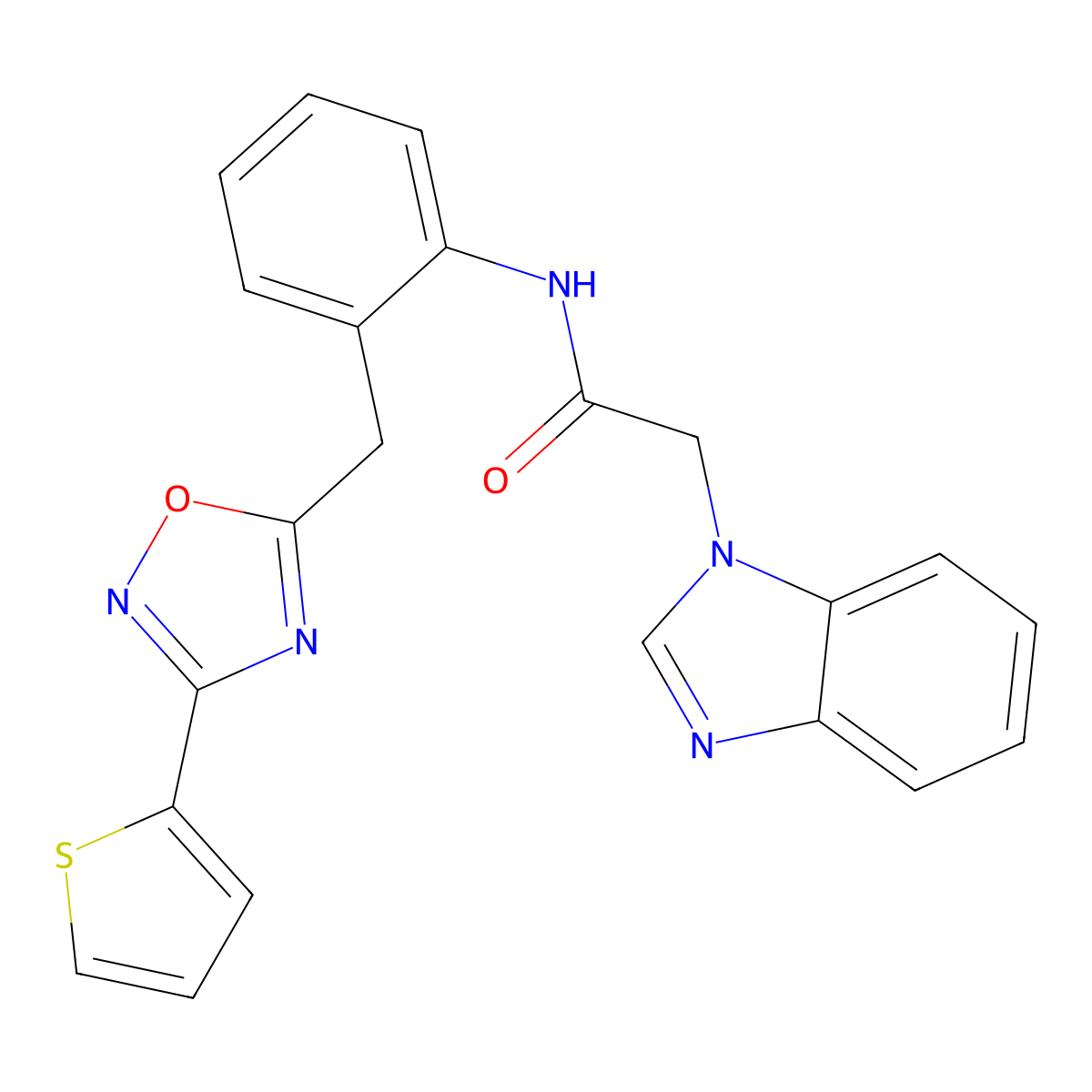 2-(1H-benzo[d]imidazol-1-yl)-N-(2-((3-(thiophen-2-yl)-1,2,4-oxadiazol-5-yl)methyl)phenyl)acetamide molecular structure, CAS 1797603-69-0