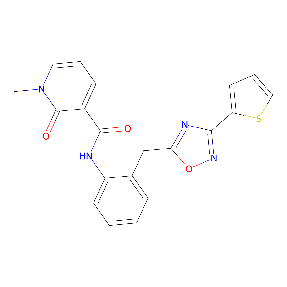 1-methyl-2-oxo-N-(2-((3-(thiophen-2-yl)-1,2,4-oxadiazol-5-yl)methyl)phenyl)-1,2-dihydropyridine-3-carboxamide molecular structure, CAS 1797603-77-0