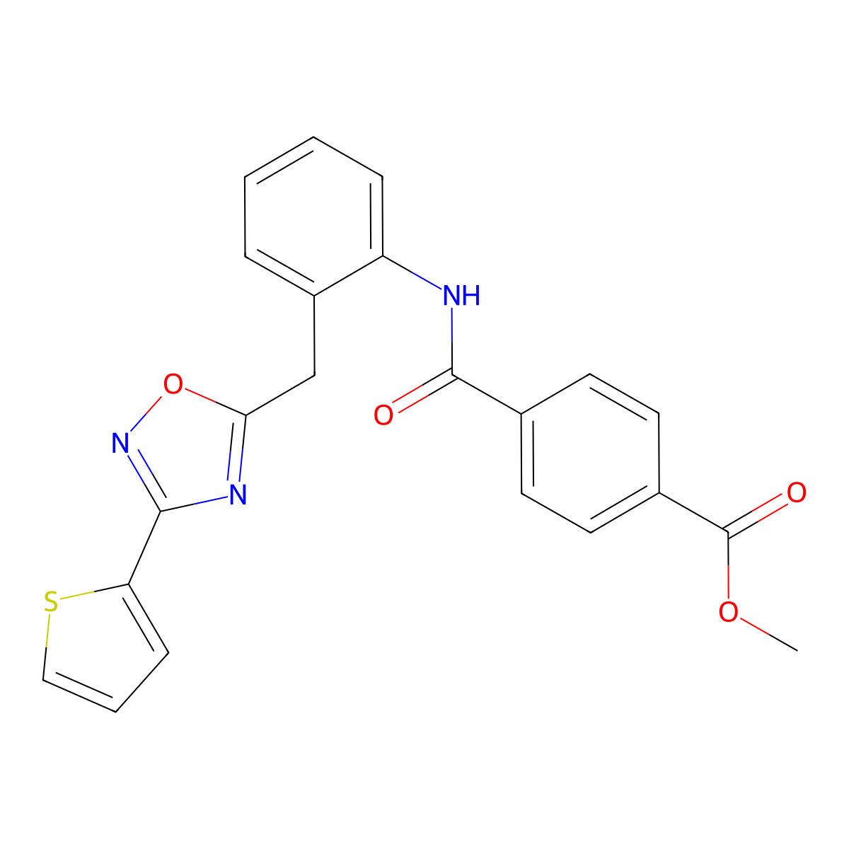 Methyl 4-((2-((3-(thiophen-2-yl)-1,2,4-oxadiazol-5-yl)methyl)phenyl)carbamoyl)benzoate molecular structure, CAS 1797604-21-7