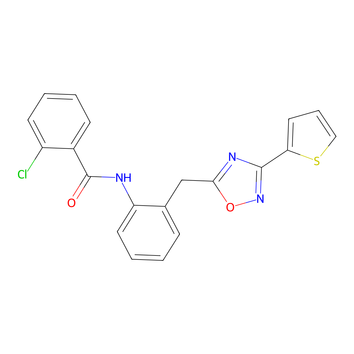 2-chloro-N-(2-((3-(thiophen-2-yl)-1,2,4-oxadiazol-5-yl)methyl)phenyl)benzamide molecular structure, CAS 1797604-26-2