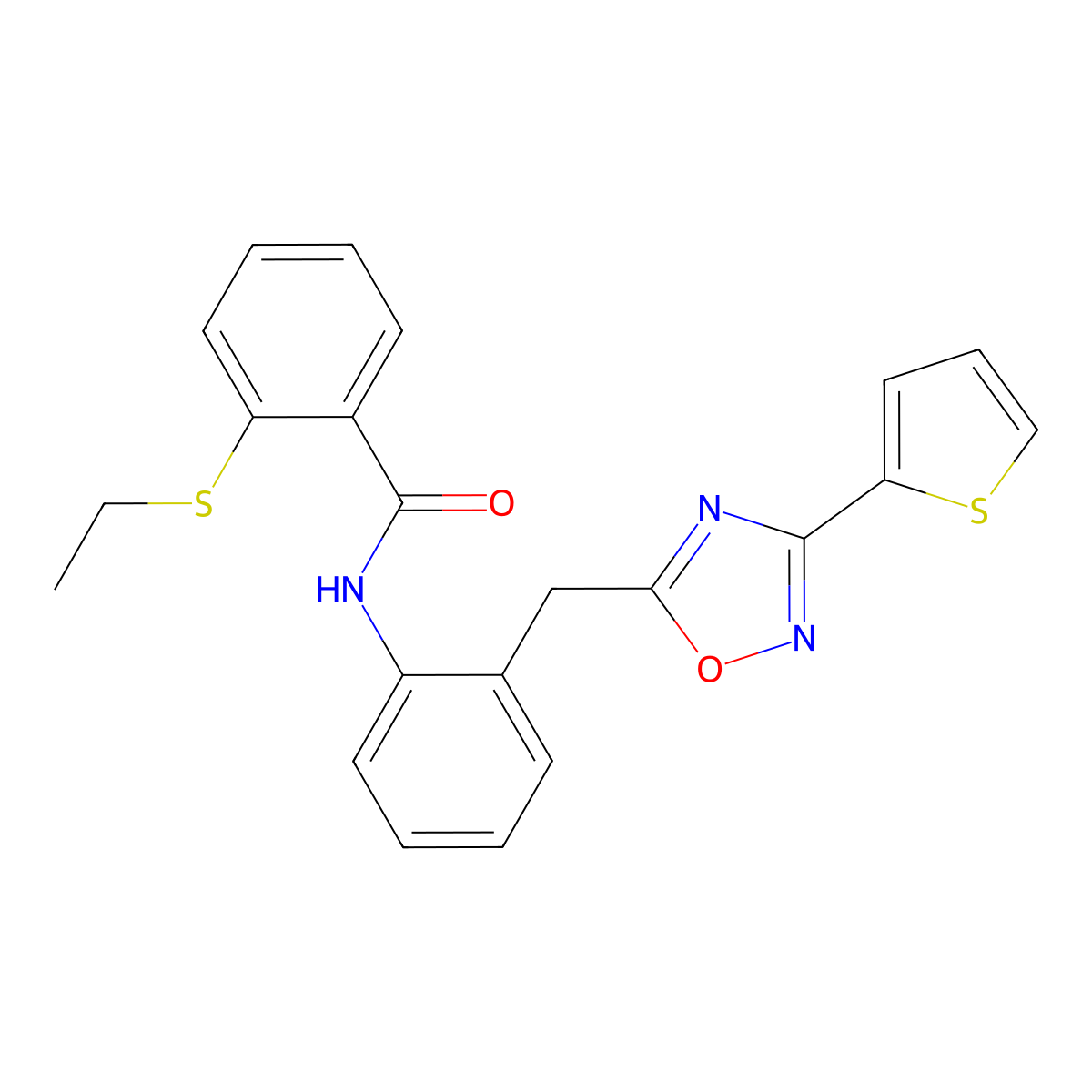 2-(ethylthio)-N-(2-((3-(thiophen-2-yl)-1,2,4-oxadiazol-5-yl)methyl)phenyl)benzamide molecular structure, CAS 1797604-35-3