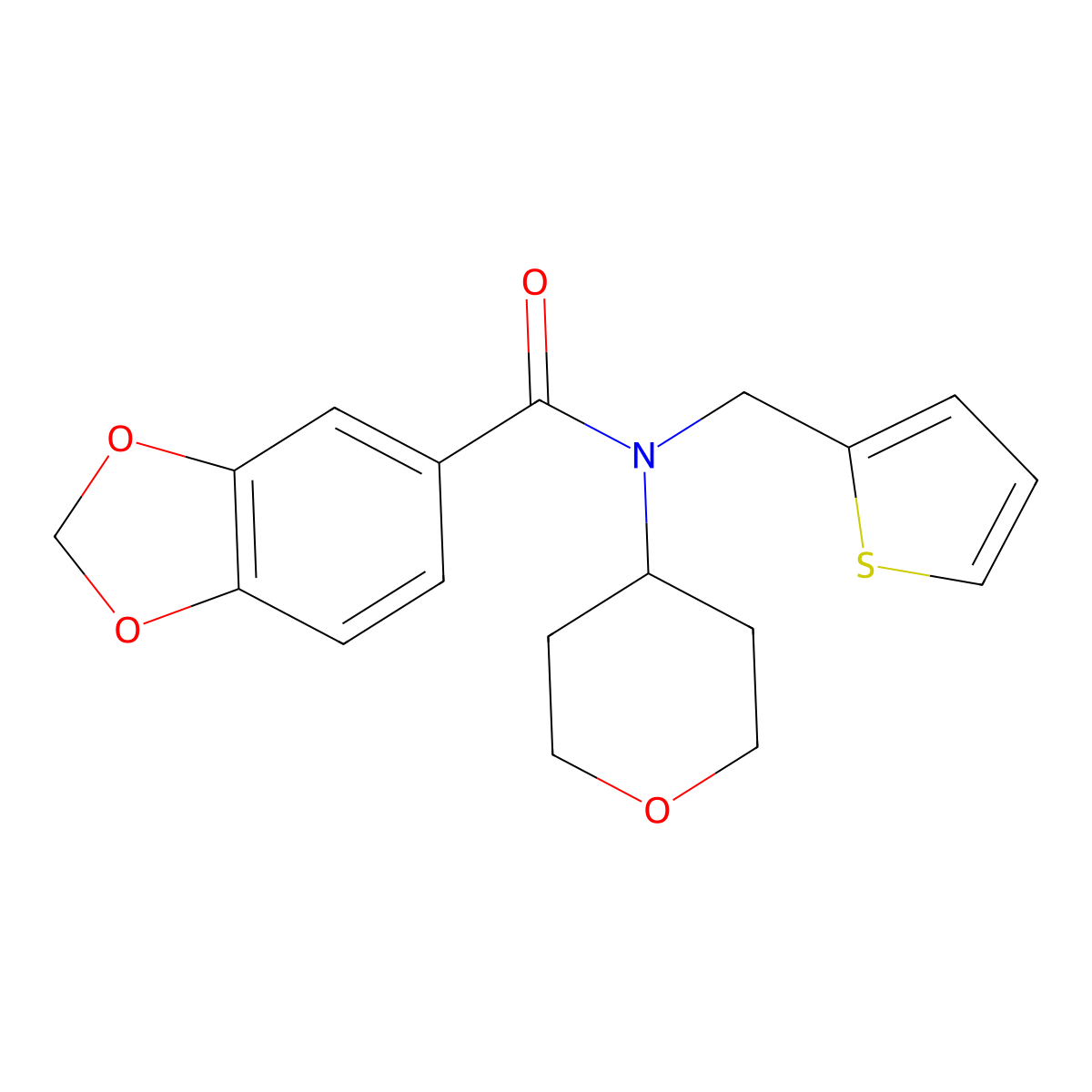N-(tetrahydro-2H-pyran-4-yl)-N-(thiophen-2-ylmethyl)benzo[d][1,3]dioxole-5-carboxamide molecular structure, CAS 1797605-02-7