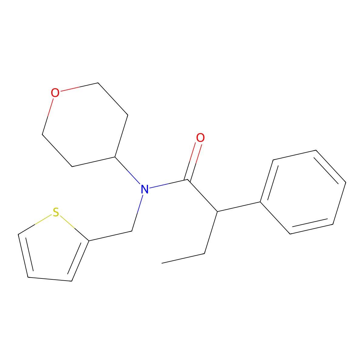 2-phenyl-N-(tetrahydro-2H-pyran-4-yl)-N-(thiophen-2-ylmethyl)butanamide molecular structure, CAS 1797605-07-2