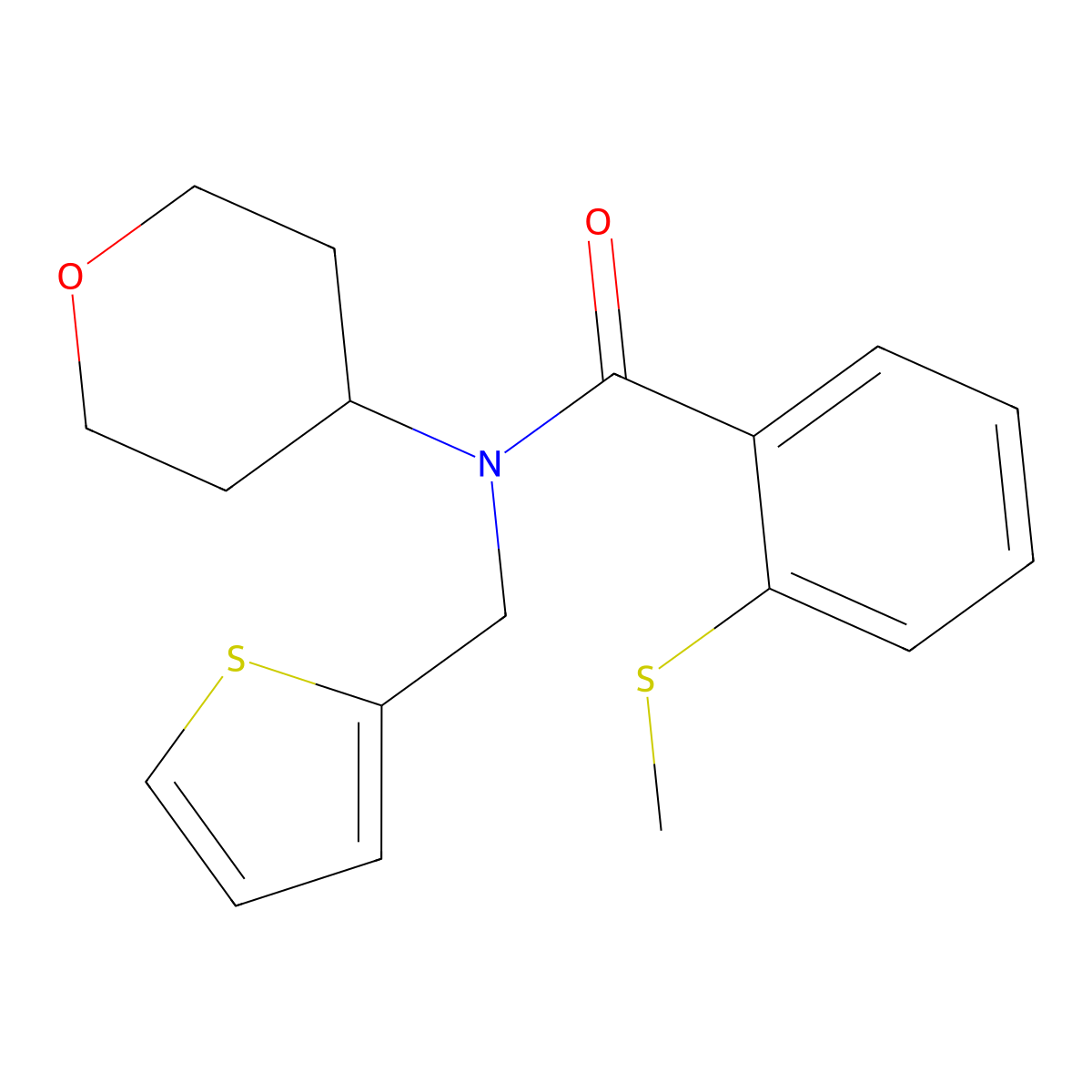 2-(methylthio)-N-(tetrahydro-2H-pyran-4-yl)-N-(thiophen-2-ylmethyl)benzamide molecular structure, CAS 1797605-12-9