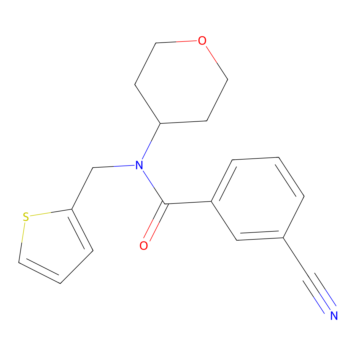 3-cyano-N-(tetrahydro-2H-pyran-4-yl)-N-(thiophen-2-ylmethyl)benzamide molecular structure, CAS 1797605-17-4