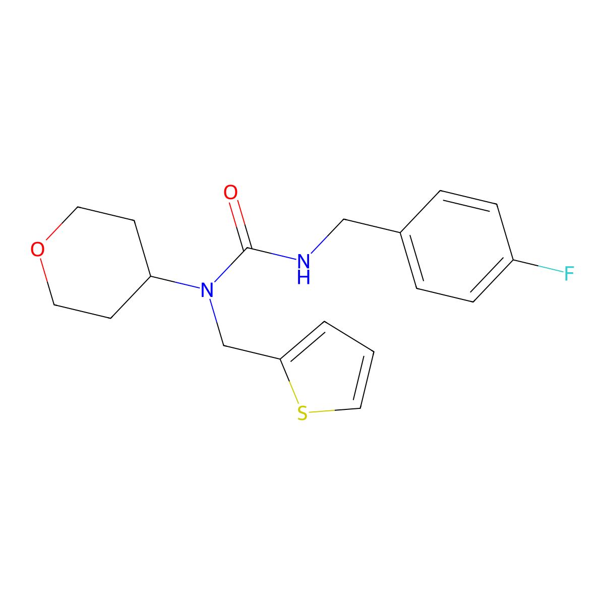 3-(4-fluorobenzyl)-1-(tetrahydro-2H-pyran-4-yl)-1-(thiophen-2-ylmethyl)urea molecular structure, CAS 1797605-26-5