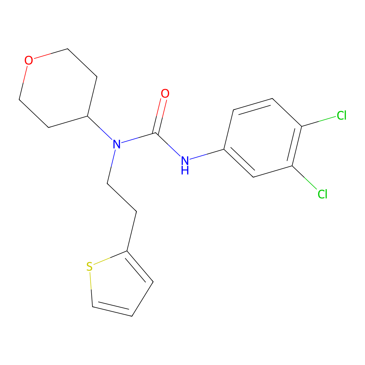 3-(3,4-dichlorophenyl)-1-(tetrahydro-2H-pyran-4-yl)-1-(2-(thiophen-2-yl)ethyl)urea molecular structure, CAS 1797605-33-4
