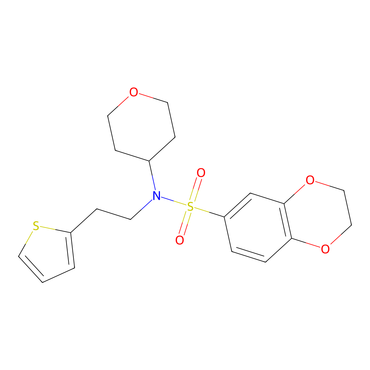 N-(tetrahydro-2H-pyran-4-yl)-N-(2-(thiophen-2-yl)ethyl)-2,3-dihydrobenzo[b][1,4]dioxine-6-sulfonamide molecular structure, CAS 1797605-37-8