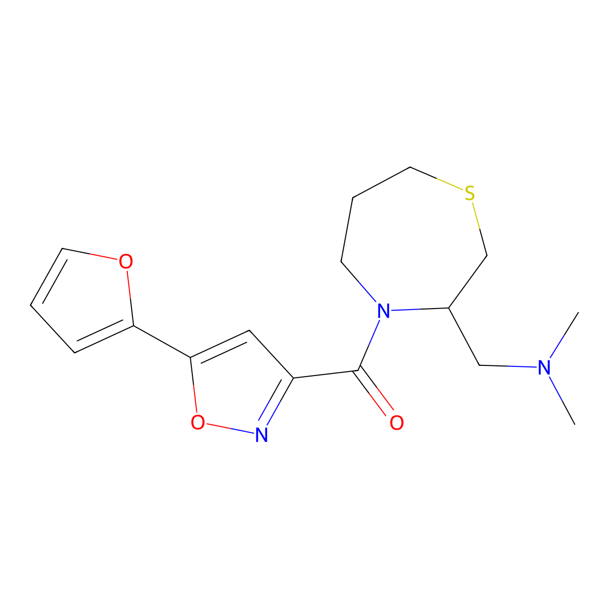 (3-((Dimethylamino)methyl)-1,4-thiazepan-4-yl)(5-(furan-2-yl)isoxazol-3-yl)methanone molecular structure, CAS 1797605-41-4