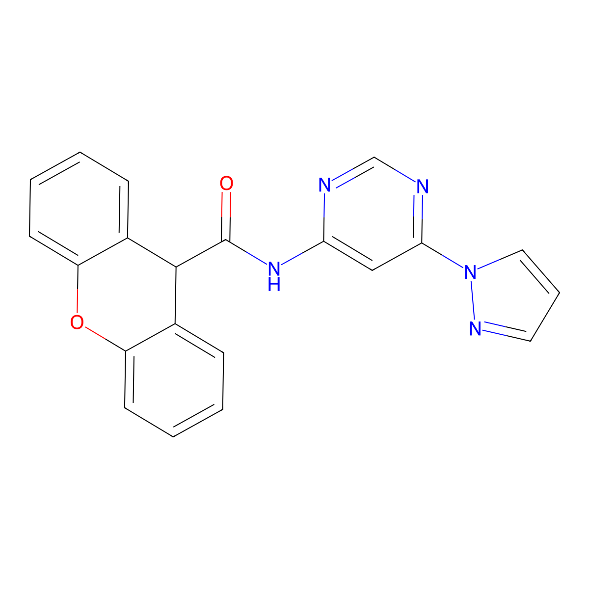N-(6-(1H-pyrazol-1-yl)pyrimidin-4-yl)-9H-xanthene-9-carboxamide molecular structure, CAS 1797611-33-6
