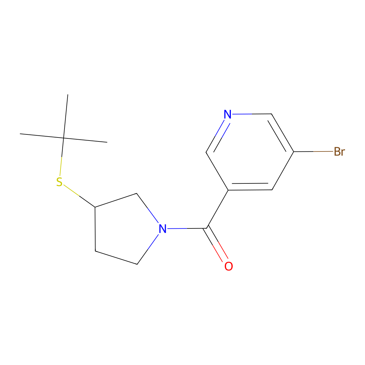 (5-Bromopyridin-3-yl)(3-(tert-butylthio)pyrrolidin-1-yl)methanone molecular structure, CAS 1797611-98-3