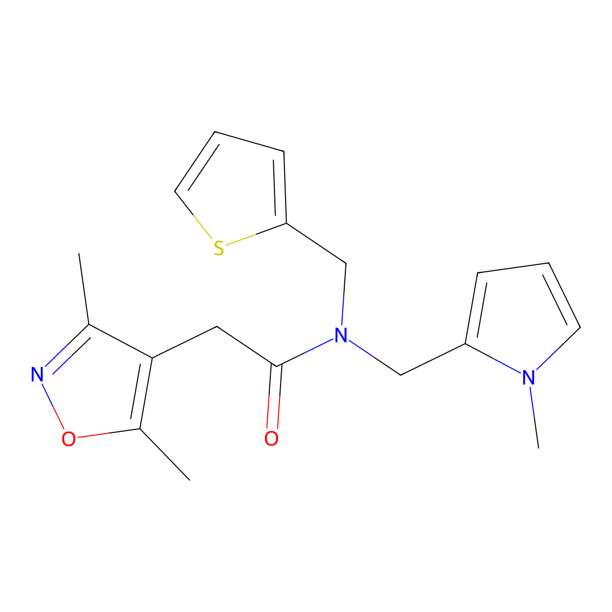2-(3,5-dimethylisoxazol-4-yl)-N-((1-methyl-1H-pyrrol-2-yl)methyl)-N-(thiophen-2-ylmethyl)acetamide molecular structure, CAS 1797613-02-5