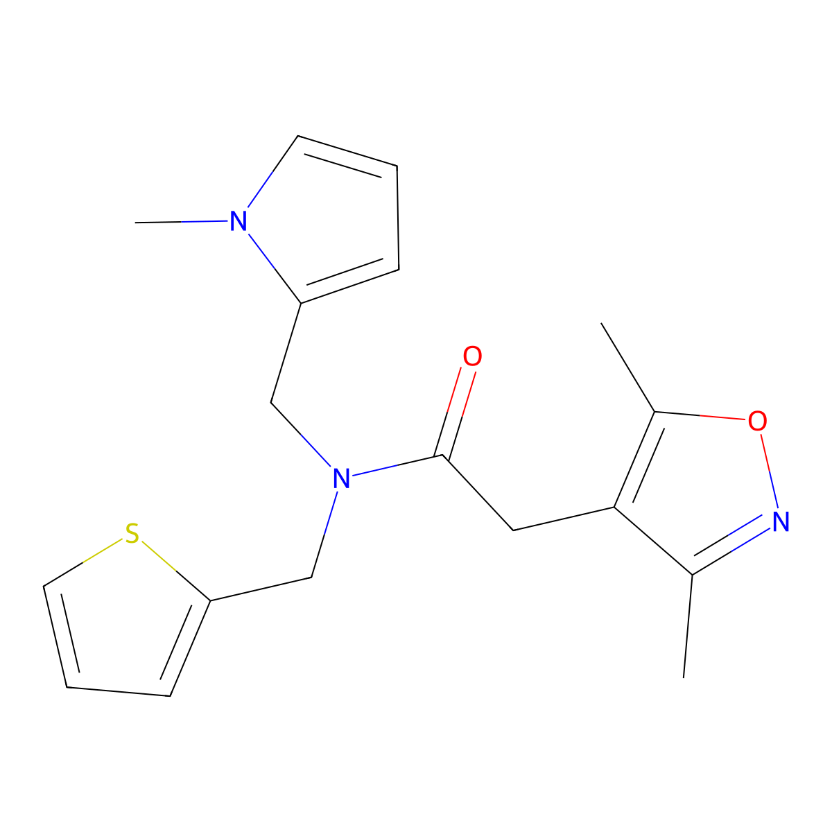 2-(3,5-dimethylisoxazol-4-yl)-N-((1-methyl-1H-pyrrol-2-yl)methyl)-N-(thiophen-2-ylmethyl)acetamide molecular structure, CAS 1797613-02-5
