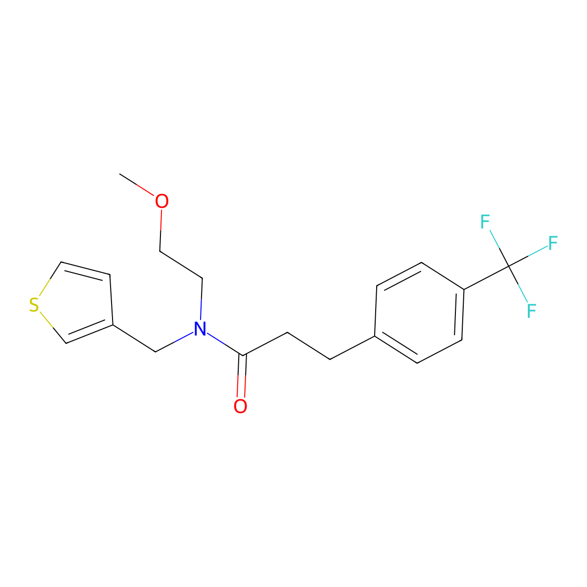N-(2-methoxyethyl)-N-(thiophen-3-ylmethyl)-3-(4-(trifluoromethyl)phenyl)propanamide molecular structure, CAS 1797613-46-7