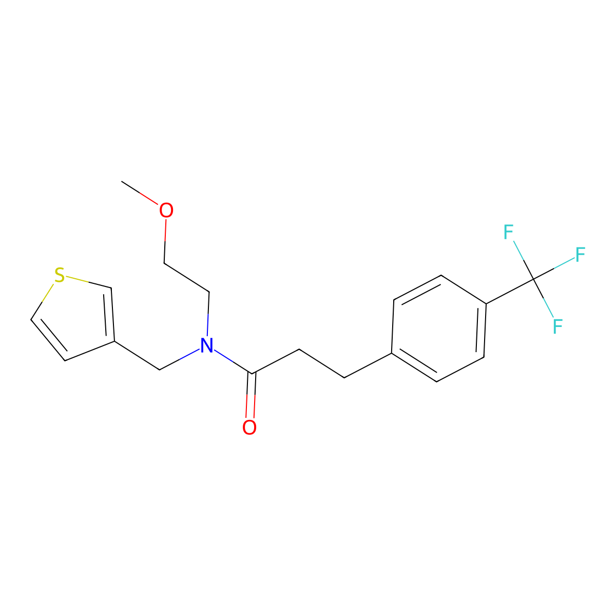 N-(2-methoxyethyl)-N-(thiophen-3-ylmethyl)-3-(4-(trifluoromethyl)phenyl)propanamide molecular structure, CAS 1797613-46-7