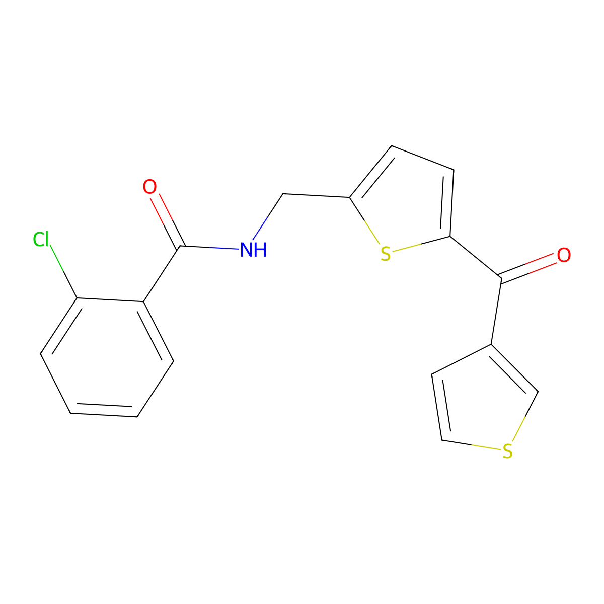 2-chloro-N-((5-(thiophene-3-carbonyl)thiophen-2-yl)methyl)benzamide molecular structure, CAS 1797614-23-3