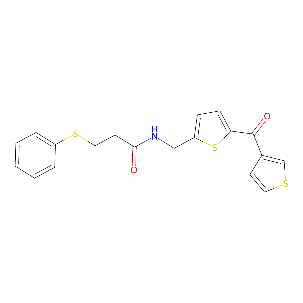 3-(phenylthio)-N-((5-(thiophene-3-carbonyl)thiophen-2-yl)methyl)propanamide molecular structure, CAS 1797614-37-9