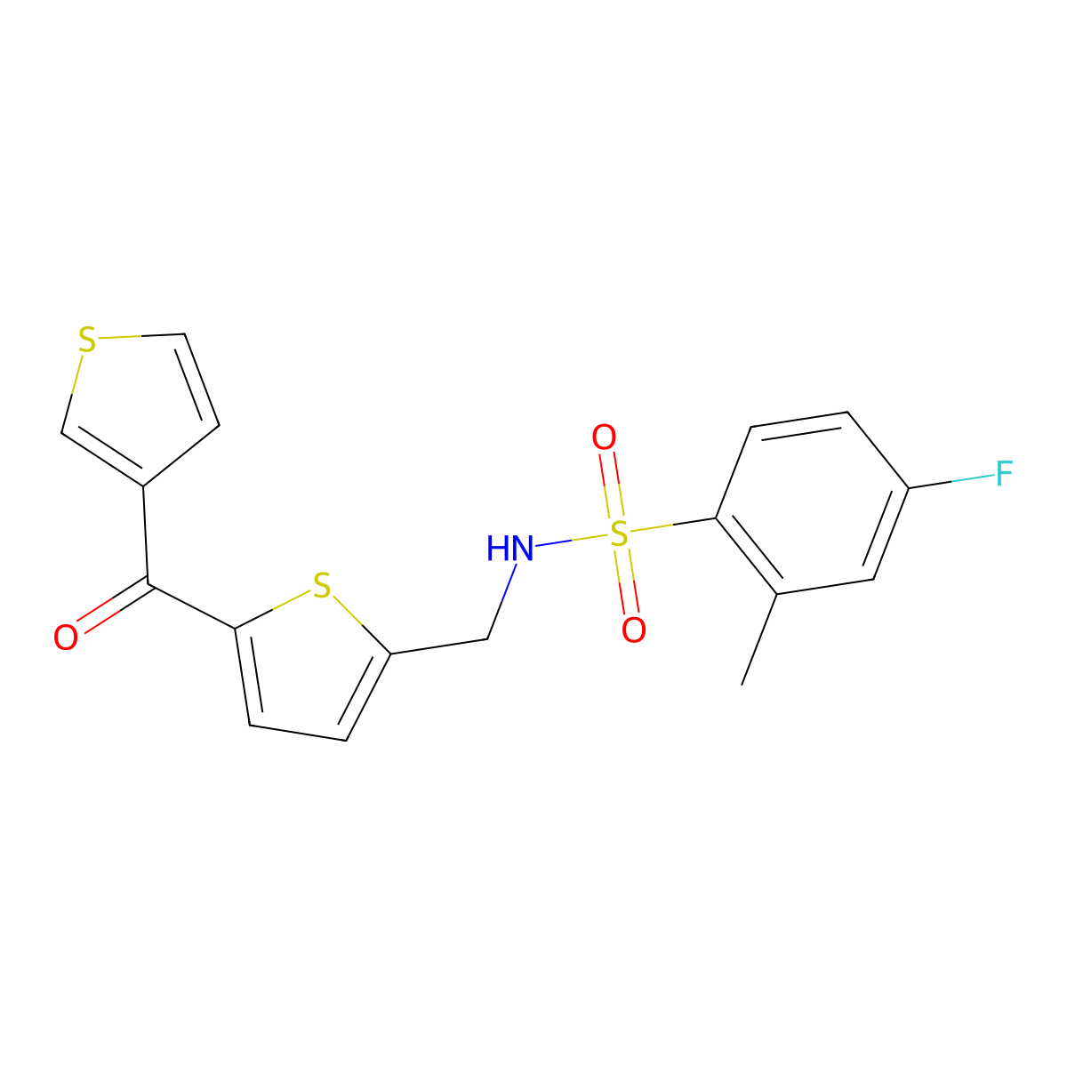 4-fluoro-2-methyl-N-((5-(thiophene-3-carbonyl)thiophen-2-yl)methyl)benzenesulfonamide molecular structure, CAS 1797614-63-1