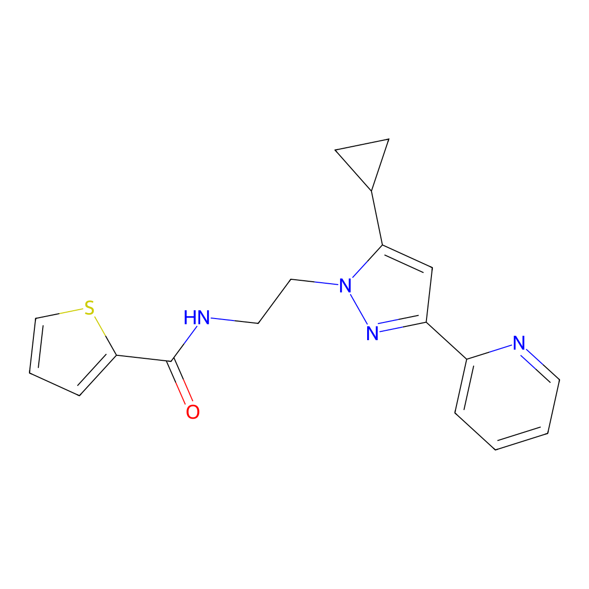 N-(2-(5-cyclopropyl-3-(pyridin-2-yl)-1H-pyrazol-1-yl)ethyl)thiophene-2-carboxamide molecular structure, CAS 1797616-59-1