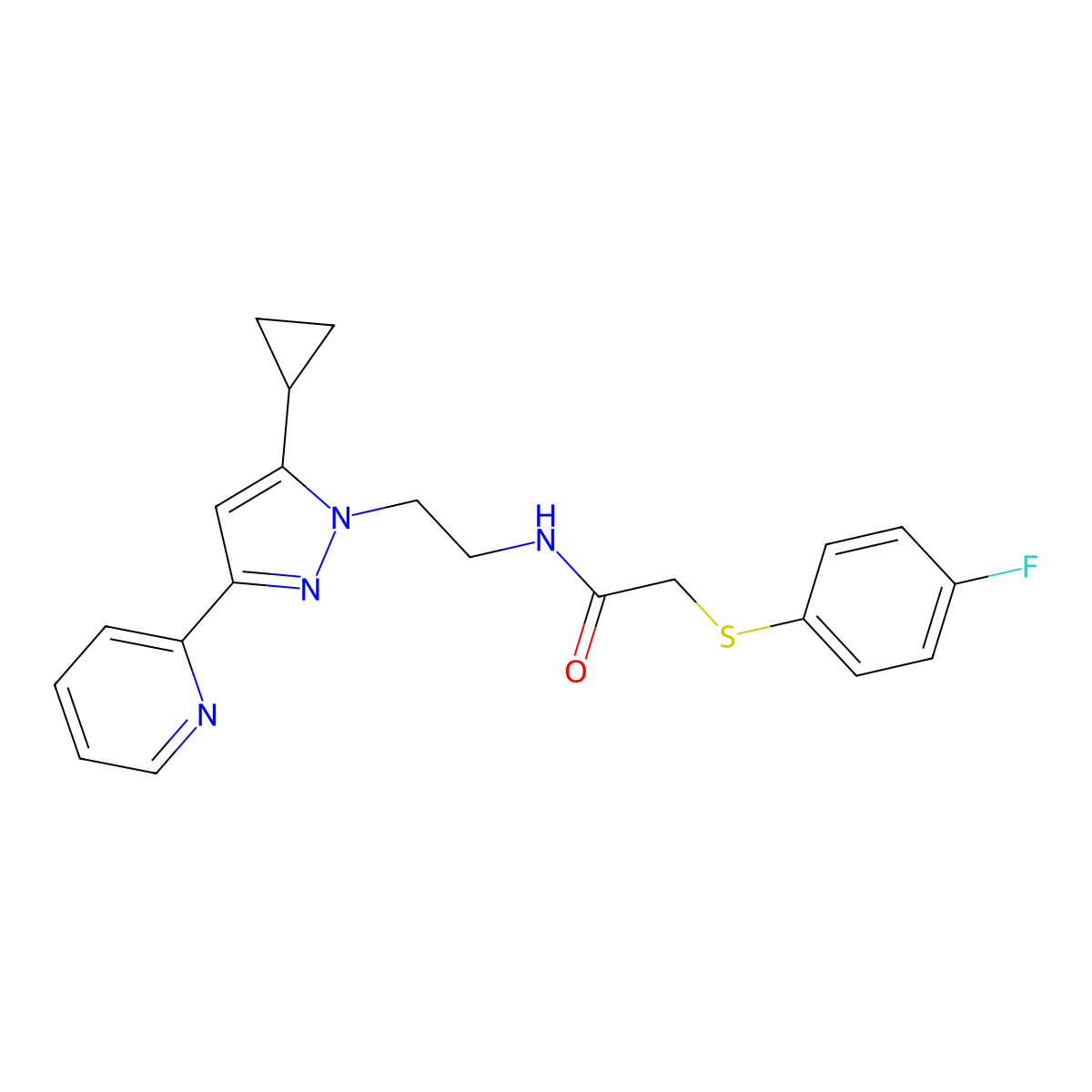 N-(2-(5-cyclopropyl-3-(pyridin-2-yl)-1H-pyrazol-1-yl)ethyl)-2-((4-fluorophenyl)thio)acetamide molecular structure, CAS 1797616-62-6