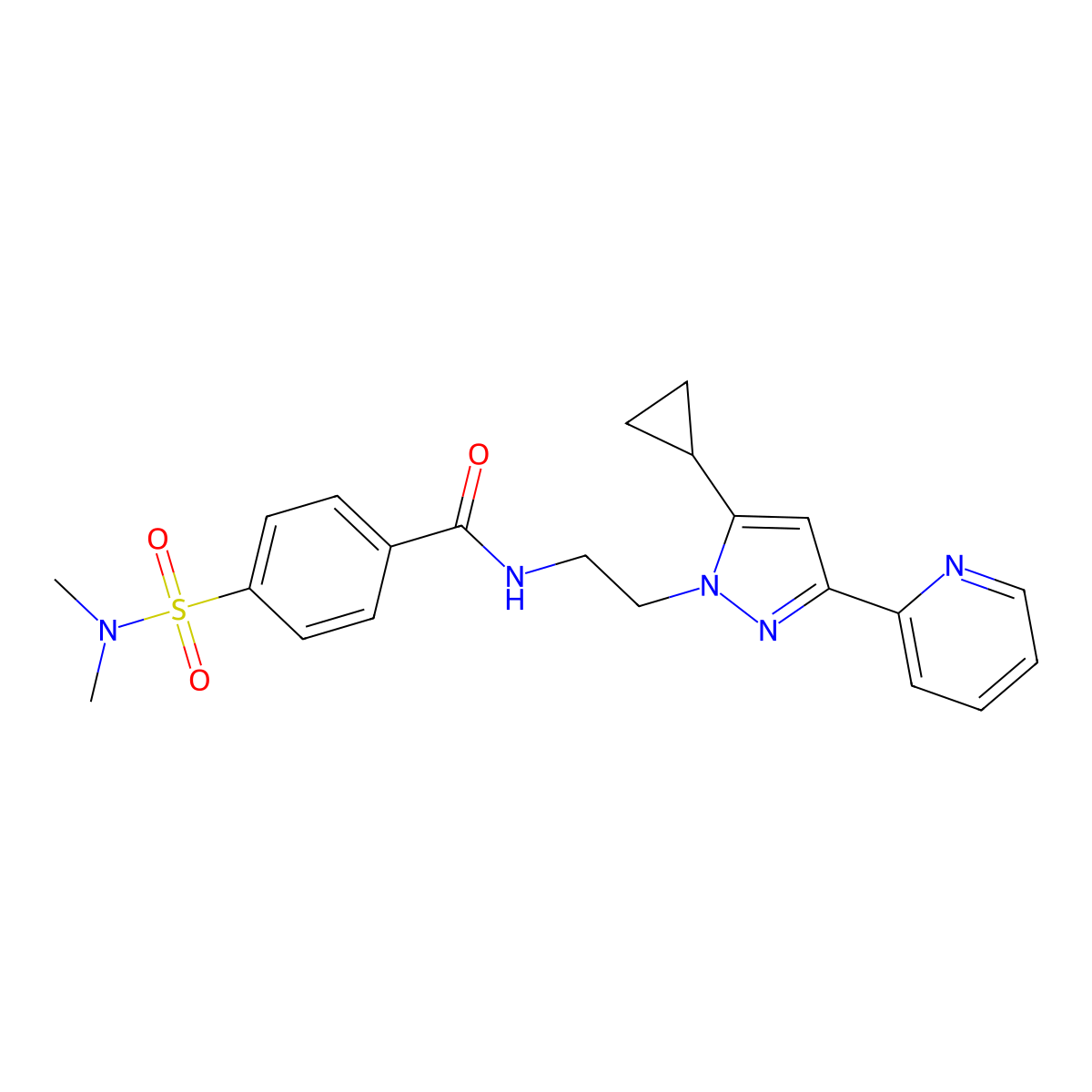N-(2-(5-cyclopropyl-3-(pyridin-2-yl)-1H-pyrazol-1-yl)ethyl)-4-(N,N-dimethylsulfamoyl)benzamide molecular structure, CAS 1797616-67-1