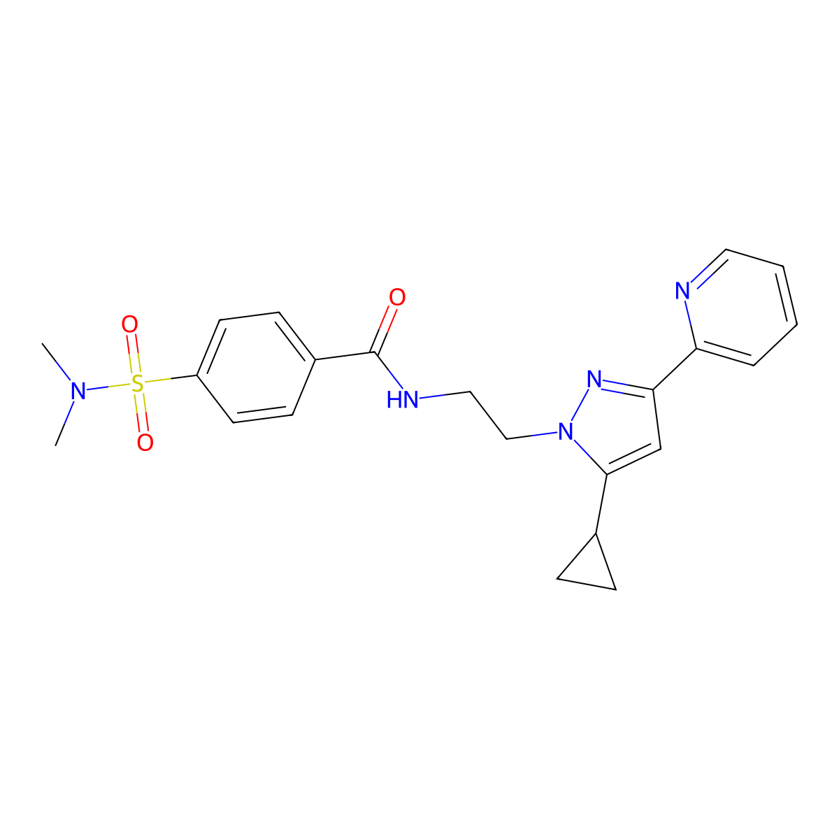 N-(2-(5-cyclopropyl-3-(pyridin-2-yl)-1H-pyrazol-1-yl)ethyl)-4-(N,N-dimethylsulfamoyl)benzamide molecular structure, CAS 1797616-67-1