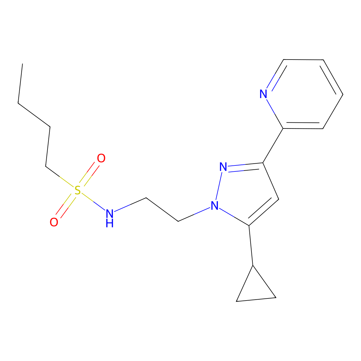 N-(2-(5-cyclopropyl-3-(pyridin-2-yl)-1H-pyrazol-1-yl)ethyl)butane-1-sulfonamide molecular structure, CAS 1797616-71-7