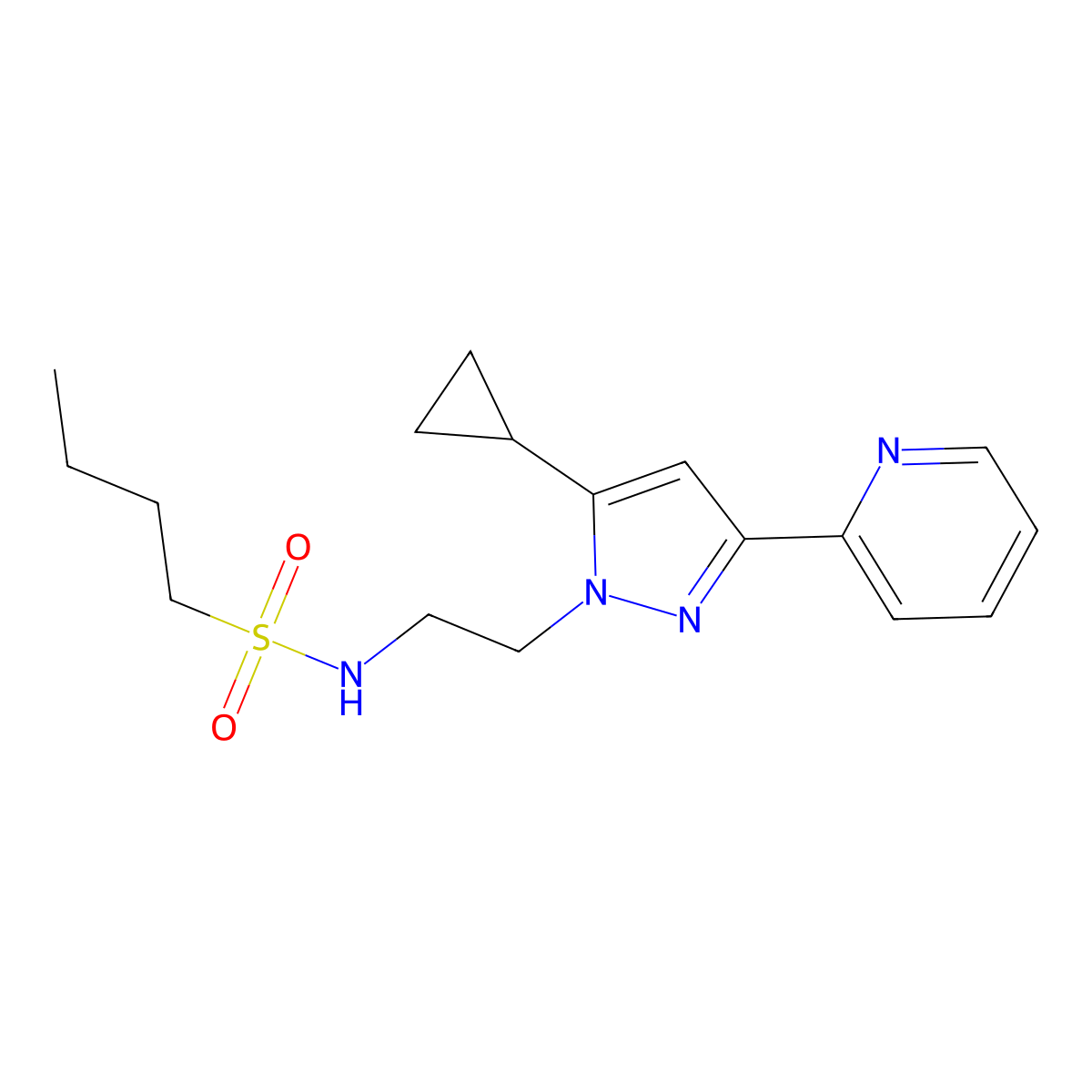 N-(2-(5-cyclopropyl-3-(pyridin-2-yl)-1H-pyrazol-1-yl)ethyl)butane-1-sulfonamide molecular structure, CAS 1797616-71-7