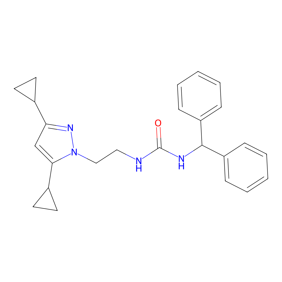 1-benzhydryl-3-(2-(3,5-dicyclopropyl-1H-pyrazol-1-yl)ethyl)urea molecular structure, CAS 1797617-02-7